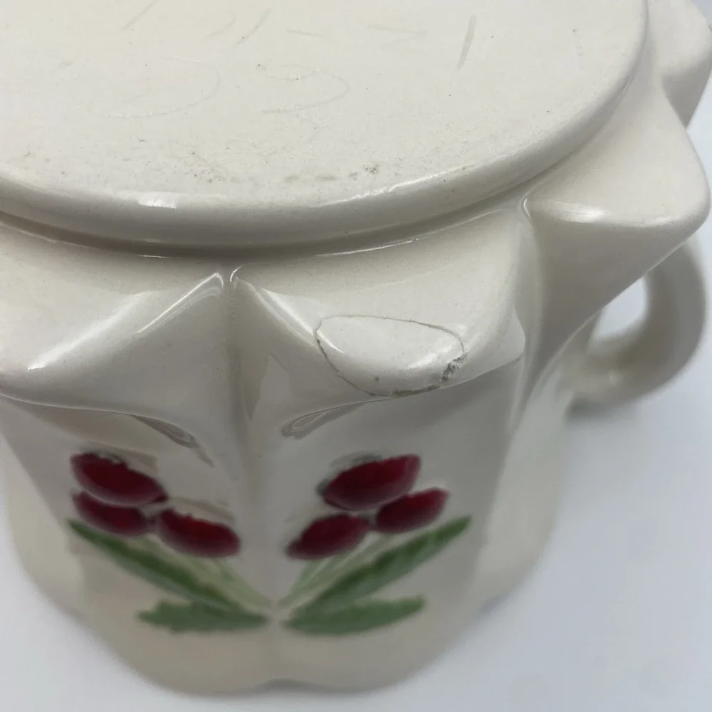 Vintage Hand‎ painted White Ceramic Cookie Jar With Lid -Red Cherries Thumbprint